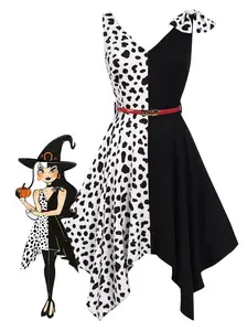 Retro Stage 1970s Halloween Dalmatian Print Asymmetrical Dress for Women, Black and White Party Dress with Red Belt, Cruella Inspired Costume Look, Spooky Cute Witchcore Outfit Womenswear Clothes