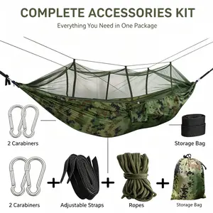 Camouflage-Print Camping Hammock with Integrated Mosquito Netting — Portable, Lightweight Suspension Bed for Outdoor Recreation, Backyard Relaxation, Backpacking, and Bushcraft Activities
