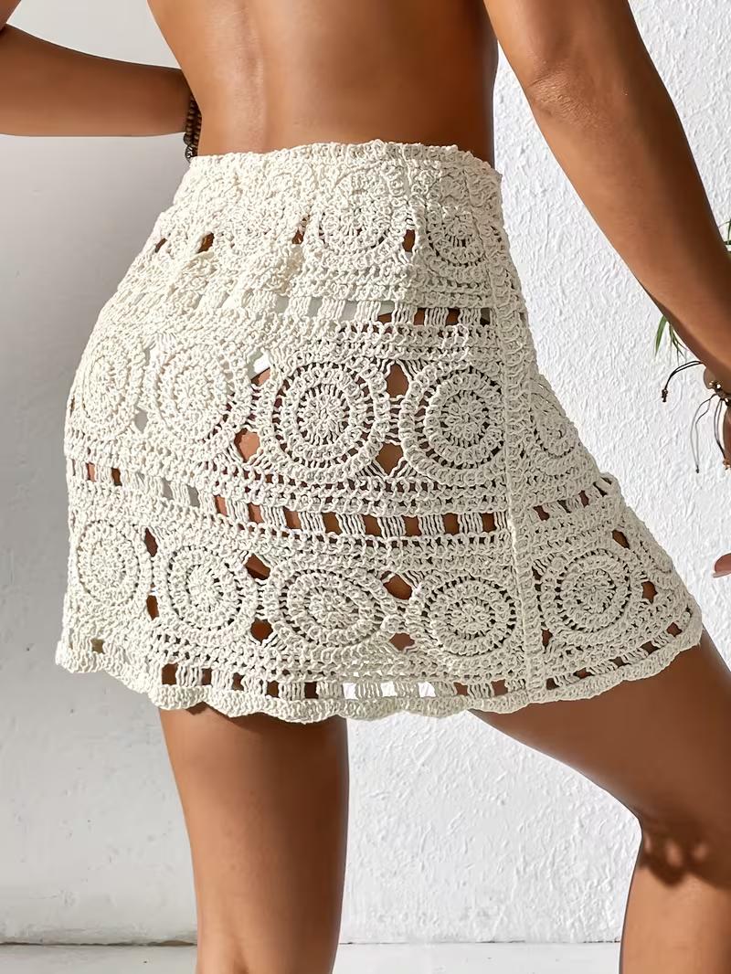 Korean Style High-Waisted Pencil Skirt Sexy Loose-Fitting Hollowed-Out Crochet A-Line Skirt for Women's Beach Vacations