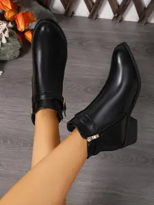 Women's Side Zipper Fashion Boots, Commuter Versatile Low Heel Booties, Casual Style, PU Leather, Spring & Fall