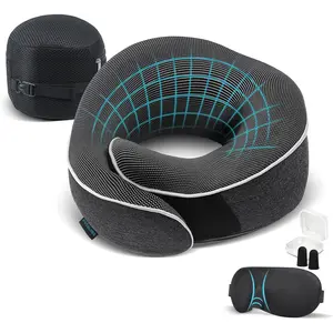 Travel  Pillow  Memory  - Airplane &  Travel Essentials Kit with 3D Eye Mask, Earplugs & Mesh Bag - Sleeping Support Pillow for Adults (Dark Grey)