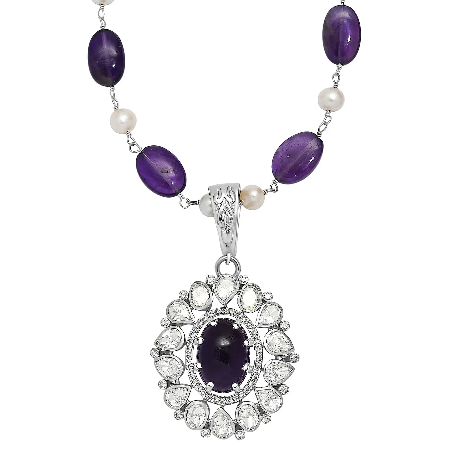 D'Joy Indian Artisan Crafted Premium African Amethyst and Multi Gemstone 13.40 ctw Necklace in Rhodium Over Sterling Silver 18 Inches