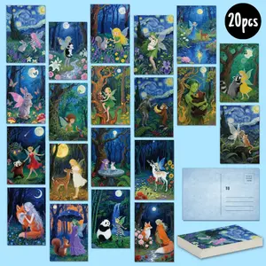 20pcs Postcards – Elf and Animal themed Postcards: A Collection of 20 Magical Scenes Under Moonlight with Joyful Animal Scenes Set in a Unique Forest Land, Collectible Home Decor, Scrapbooking,  Greeting Cards (4 x 6 inches）