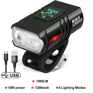 Bright Bicycle Light T6 LED Front USB Rechargeable MTB Mountain Bicycle Lamp, 1000lm Bike Headlight Flashlight for Cycling & Scooter, Outdoor Cycling Accessories