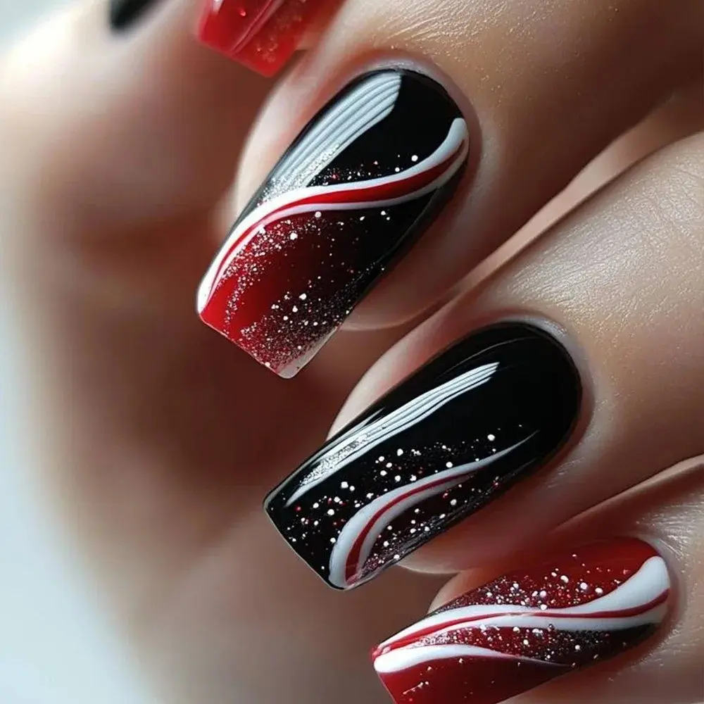 24PCS Gothic False Nails Dark Red Vine Pattern Medium Coffin Press on Nail Sticker Sweet Cool Glossy French Fake Nail Spice Girl