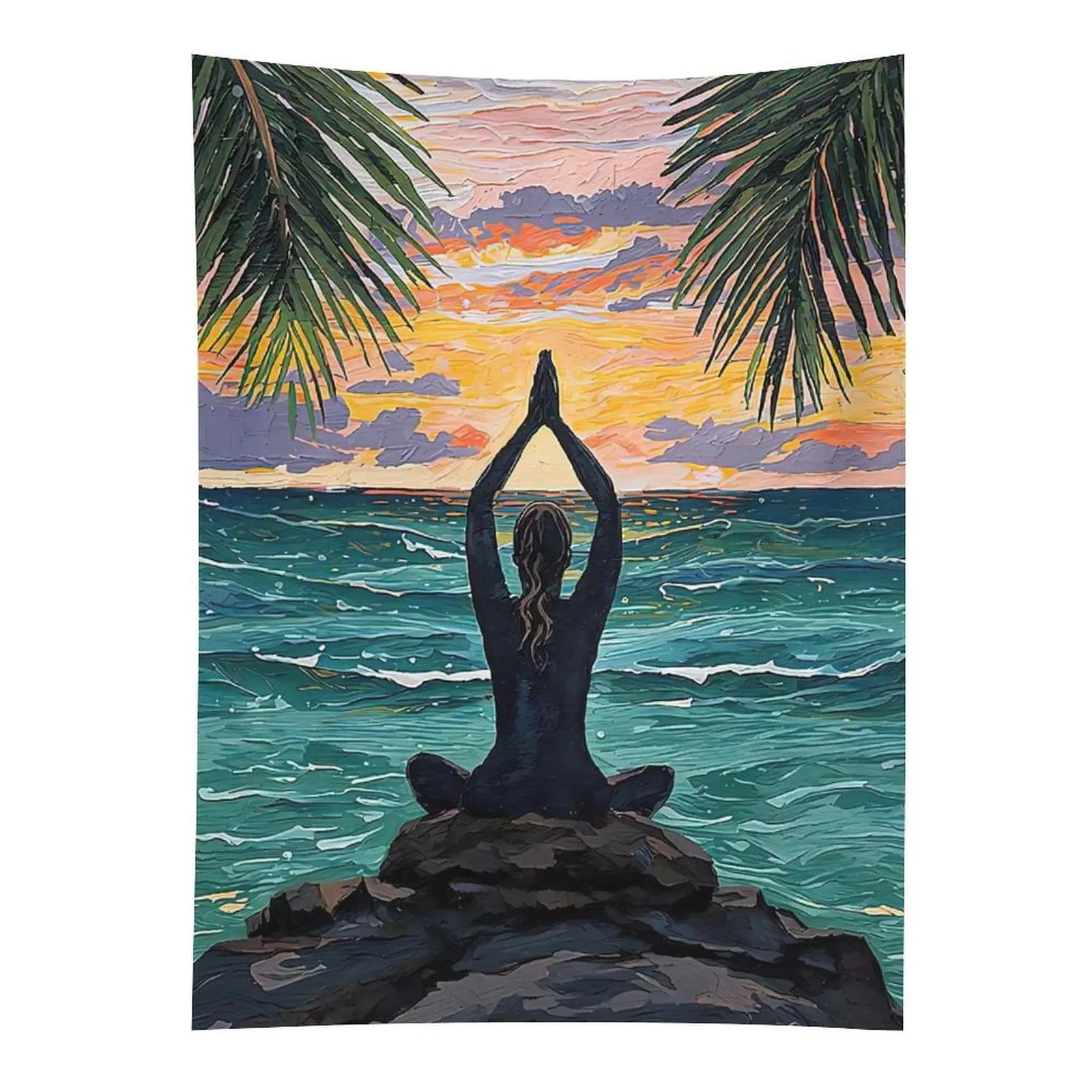 Ocean Yoga Sunset Tapestry Beach Meditation Palm Tree Wall Decor