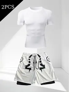 Men's 2-Piece Set: Round Neck Slim Fit T-Shirt & 3D Sport Shorts, Breathable, Adjustable Waist, Pockets, Ideal for Sports & Casual Wear