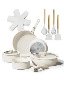 A set of 17 ceramic pots, pans and bowls is non-stick. This is a kitchen cooking set, a white non-stick RV kitchen camping cooking set, and the non-stick pans come with detachable handles.