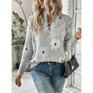 Half Zip Floral Print Drop Shoulder Pullover Sweater v  neck  outfit sweater outerwear coat pullover jumper casual knit pullover sweater Long Sleeve Fabric Womenswear Knitwear