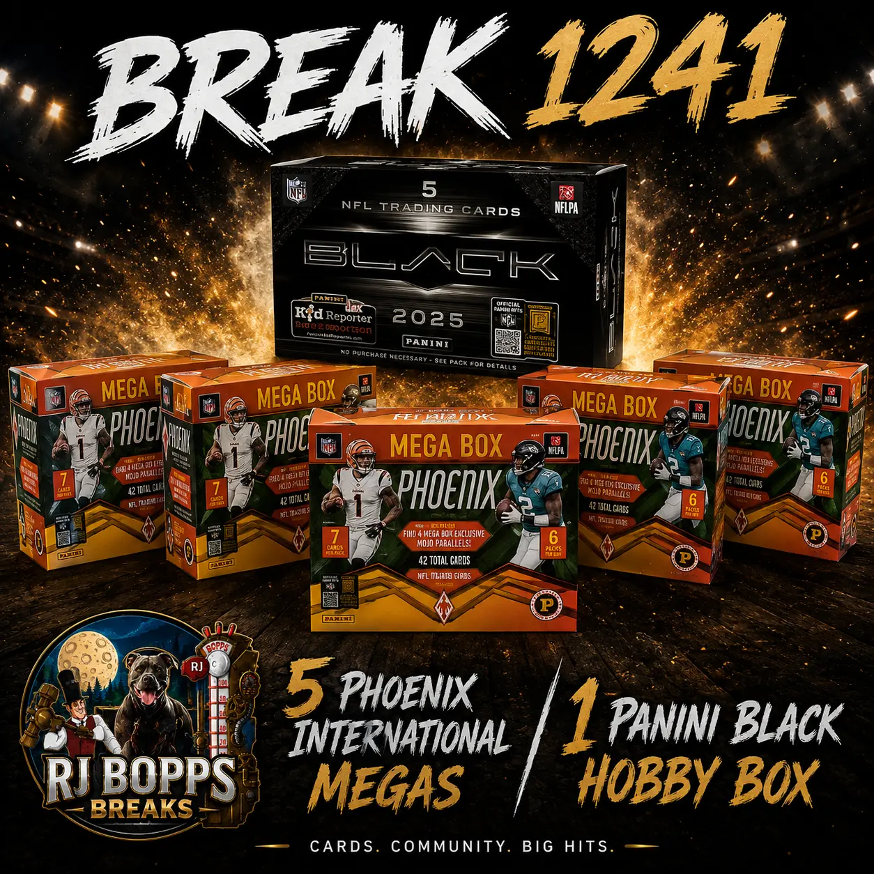 BREAK 1241 8/4: (5) 2025 Phoenix International Megas, (1) 2025 Panini Black Hobby Box Pick Your Team Break