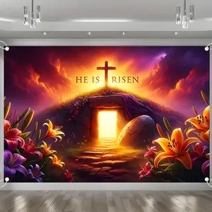 He is Risen Easter Backdrop Banner, Christian Resurrection Decorations with Empty Tomb Cross Lilies, Durable Polyester Fabric Photo Booth Prop, Reusable Easy to Clean, Perfect for Easter Church Service, Sunday School, Home Decor, Gift for Christians