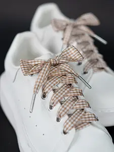 Metal Head Lightly Mature Cute Coffee Color Plaid Wide Shoelaces, Perfect for Daily Casual Entertainment, Pair Pack, Footwear Lace