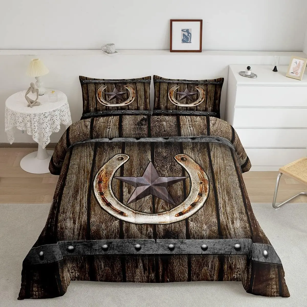 Feelyou Rustic Farmhouse Bedding Quilt Set - Rusty Horseshoe, Texas Star, Cowboy Theme Bedspread Set for Men, Brown Vintage Western Country Cabin Duvet Cover