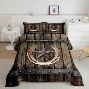 Rustic Farmhouse Comforter Set,Rusty Horseshoe Texas Star Down Comforter,Brown Vintage Western Country Cabin Bedding Set for Boys Adults Men