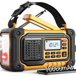 Weather Radio, AM/FM/SW/NOAA Hand Crank Radio with 37000mWh/10000mAh Portable Large Capacity, USB/Solar/Hand Crank , AAA  Operated, SOS  & Flashlight (Yellow)