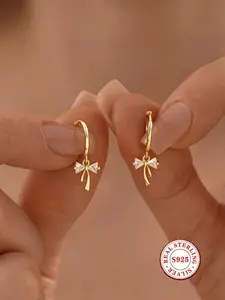 S925 Sterling Silver Bow Huggie Hoop Earrings with Simulated Diamond for Women | Gold/Silver Dangle Earrings Cute Jewelry Gift