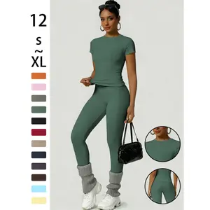 Women's Sportswear Set, Slim-Fit Round Neck Short Sleeves & High-Waisted Yoga Pants, Ideal for Gym Running Outdoor Activities