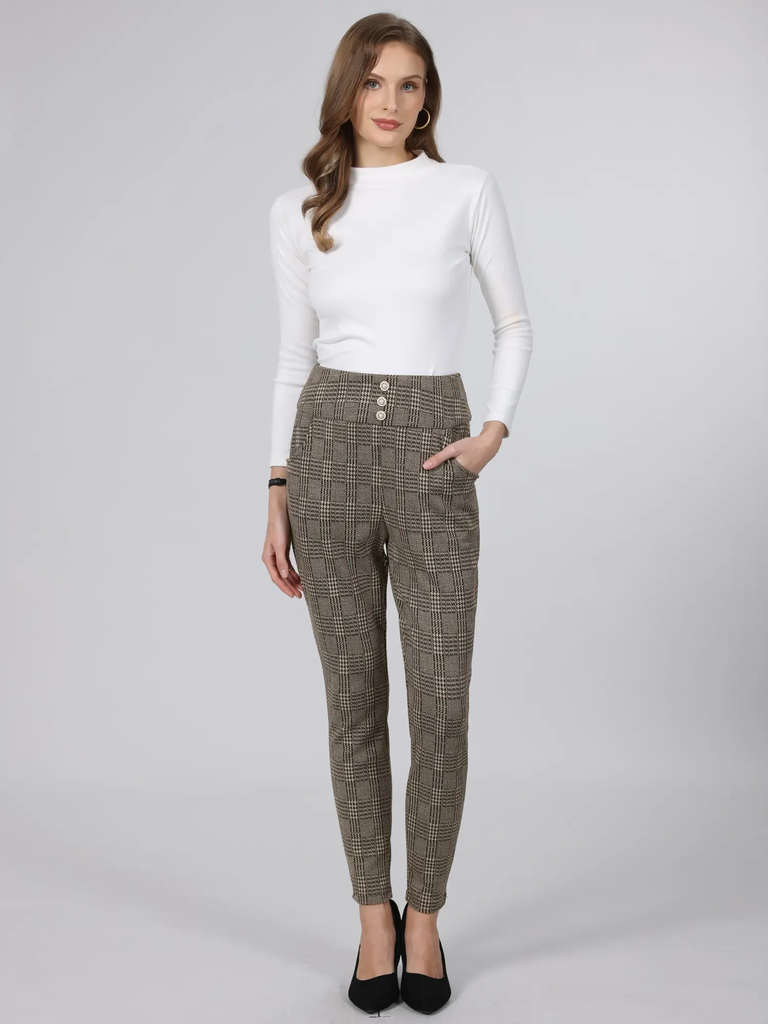 INSPIRE CHIC Women's Plaid Skinny Pants High Waist Houndstooth Work Casual Leggings