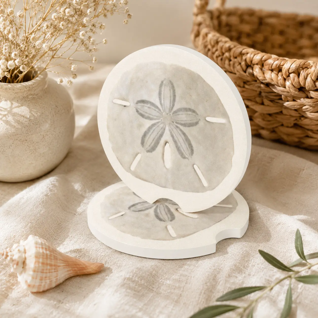 Sand Dollar Car Coasters, Coastal Beach Car Cup Holder Coasters, Ocean Inspired Stone Car Coaster Set, Nautical Summer Auto Gift
