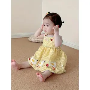 Girls' Sleeveless Summer Dress |   Cute Yellow Vest Dress with Duck and Flower Embroidery, Midi Length, Flared Hem, Non-Stretch Fabric