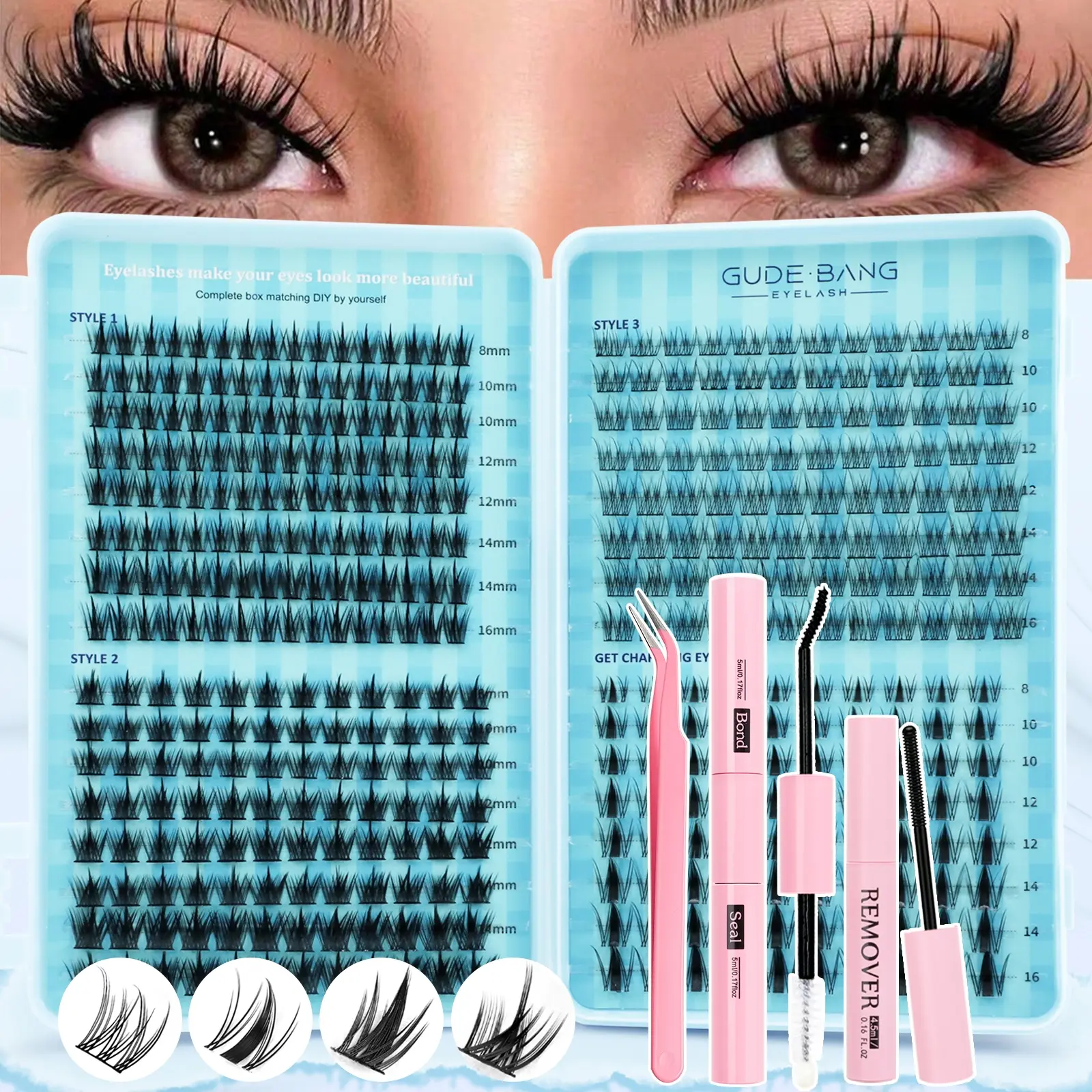 400pcs Eyelash Extension Kit with Glue, Tweezers & Remover Gel, Natural Dense Style, 8-16mm Mixed Length, Home DIY, Beginner-Friendly