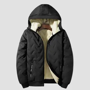 Men's Autumn and Winter Hooded Lamb Woolen Cotton Jacket - Warm and Puffed Full Zipper Jacket with Soft Polyester Lining, Zipper Pockets, Suitable for Cold Weather - Machine Washable, Regular Fit. Menswear Coats Menswear Coats Stylish Tops Beige Casual