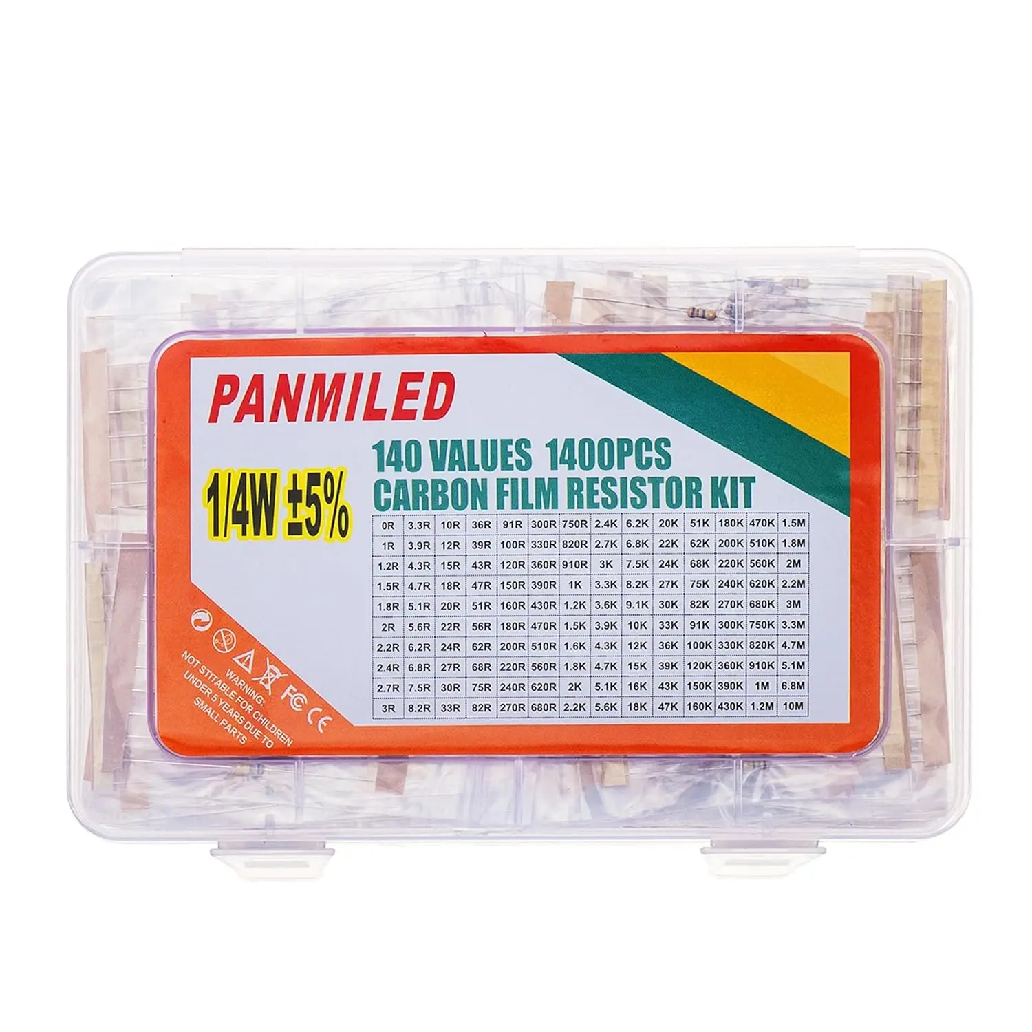 Carbon Film Resistor Kit - 140 Values, 1400 Pieces, 0 Ohm-10M Ohm, 1/4W 5%, Sealed Storage Box for Home Supplies Organization