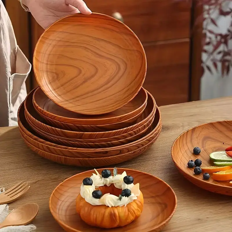 10pcs Creative Wood Grain Pattern Dinner Plates, Salad Plates Set - Plastic Food Plates Round Striped Design | Premium Lightweight for Home, Dessert Shops, Snack & Fruit Trays, Cup & Tea Plate Storage | Commercial Cake and Dessert Serving Dishes