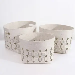 Sturdy Woven Felt Storage Basket Bin Set - Modern Beige Organizers Decor Household