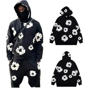 Men's Flower Puff Print Hoodie - Oversized Sweatshirt Jacket, Black, Long Sleeve, Round Neck, Unisex Design, Casual Human Operator - Menswear, Tops Pullover Floral
