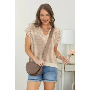 Staccato Stripe Split Neck Patch Detail Knit Top