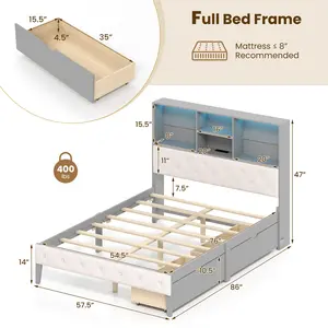 COSTWAY - Full Size Bed Frame with Bookcase Headboard and LED Lights-Gray