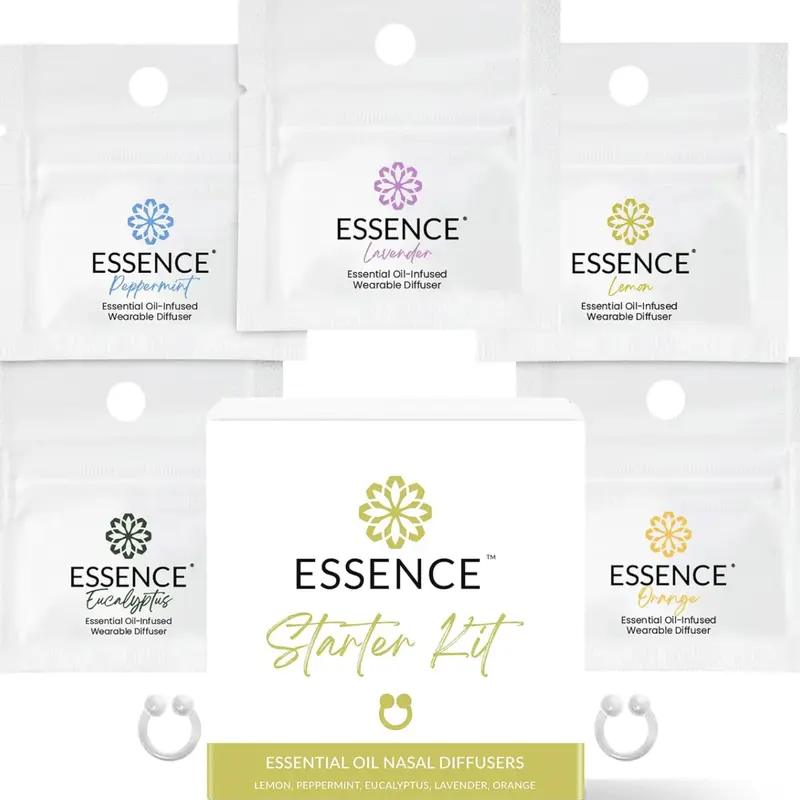 Essence Starter Kit 5 Pack Bundle - Includes Lavender, Peppermint, Orange, Lemon, & Eucalyptus Nasal Diffuser Rings Healthcare Fitness Wellness