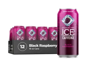Sparkling Ice +Caffeine Black Raspberry Sparkling Water, with Antioxidants and Vitamins, Zero Sugar, 16 fl oz Cans (Pack of 12)