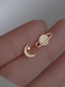 Fashionable Asymmetric Moon & Star Design Earrings,  Rhinestone Decor Stud Earrings, Elegant All-match Jewelry for Girls Gift, Female Classic Fashion Accessories for Daily Wear, Constellation Earring