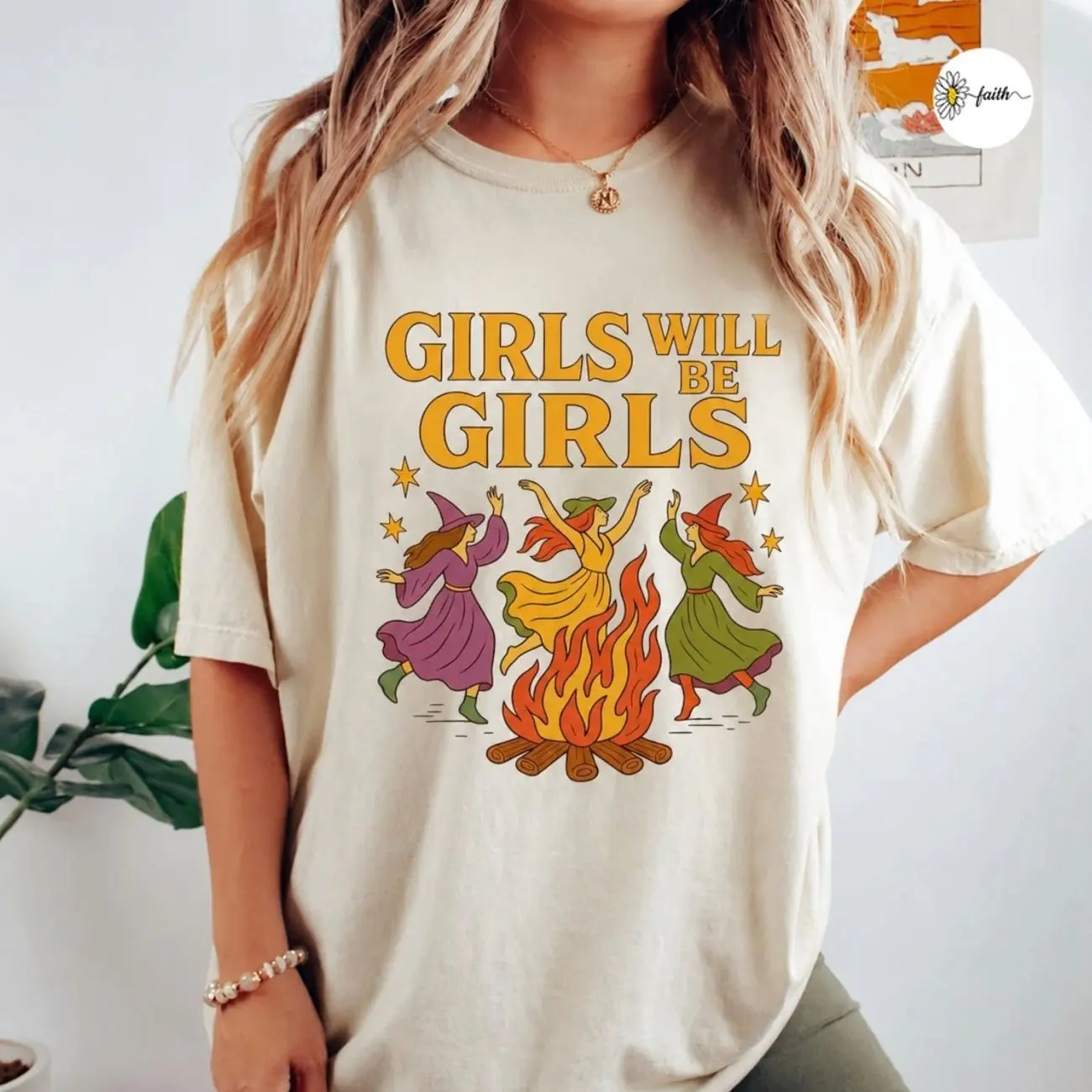 Comfort Colors Girls Will be Girls Retro Dancing Witch Bonfire Shirt, Spooky Season Shirt, Spooky Halloween Shirt, Unisex Womenswear Graphic Tops DMR