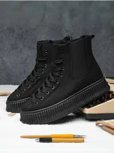 Men's Fashion All-Black Fleece Lined Snow Boots 2025: Dark Techwear Style, Platform Heightening & Warmth  Perfect for Snowy Commutes & Autumn/Winter Trendy Daily Wear, Non-Slip & Breathable Flatform, Footwear