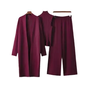 2025 Winter Solid Color Three-Piece Set Long Shawl Coat V-Neck Knit Top & Wide-Leg Pants Soft Viscose Blend Fabric Fashion Womenswear Casual Streetwear Outerwear Chic Fit Casual Women's Three-Piece Outfit Set Casual Three-Piece Women's Loungewear Set