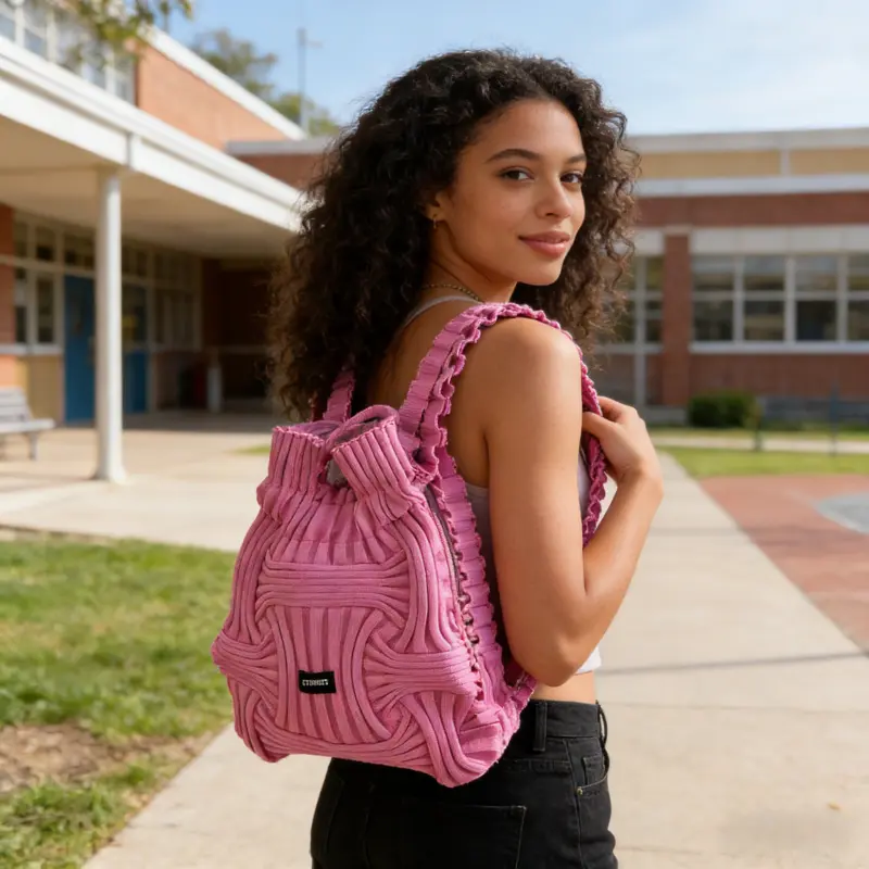 Trendy  Pleated Drawstring Bag,Knit Backpack for Daily Use