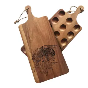 Rectangle Acacia laser etched Deviled Egg Board, 18 eggs, Platter, Cutting Board, Tray, honey bee on flower, bee, flower and bee