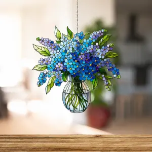 Forget Me Not Flower Stained Glass Suncatcher, Blue Floral Vase Window Hanging Decor, Botanical Glass Art, Sympathy Gift, Garden Home Decor