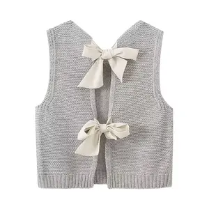 UANEO Sweater Vest Top for Women Casual Crop Knit Cardigan Vest Bow Tie Back Knitted Tank Tops