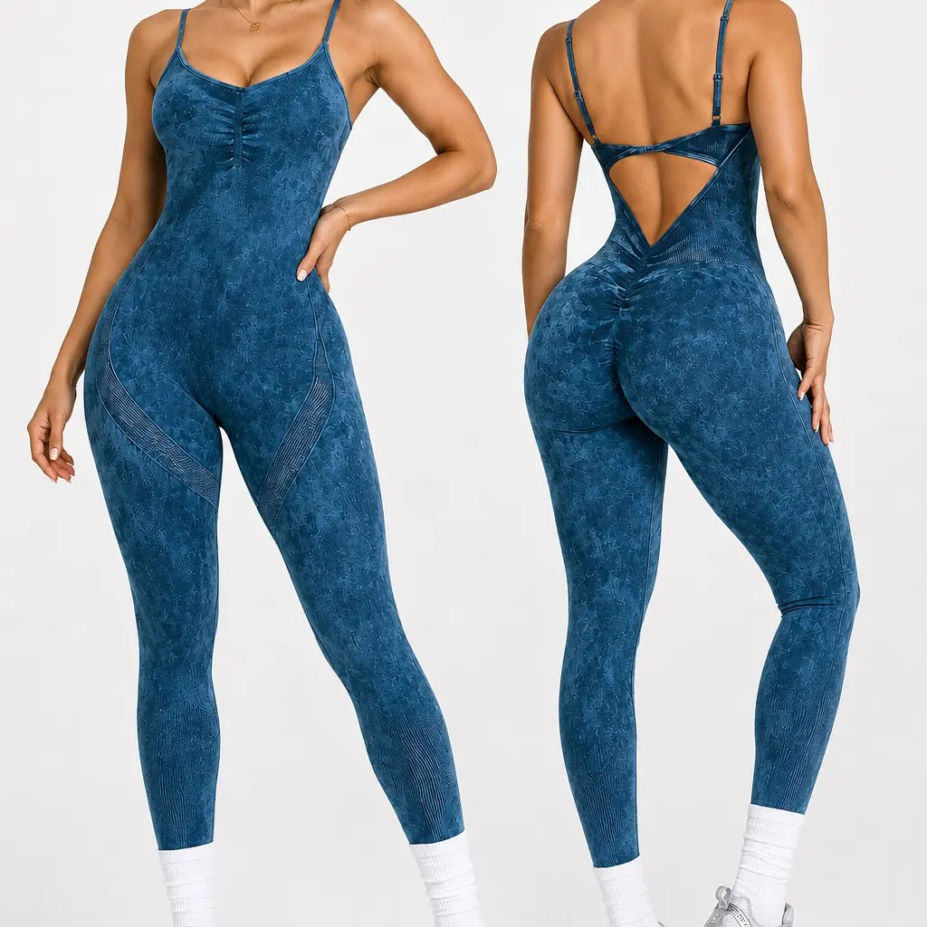 Women’s Seamless Workout Jumpsuit, Adjustable Strap Open-Back Scrunch-Butt One-Piece Yoga Bodysuit, Mineral-Wash Gym Activewear