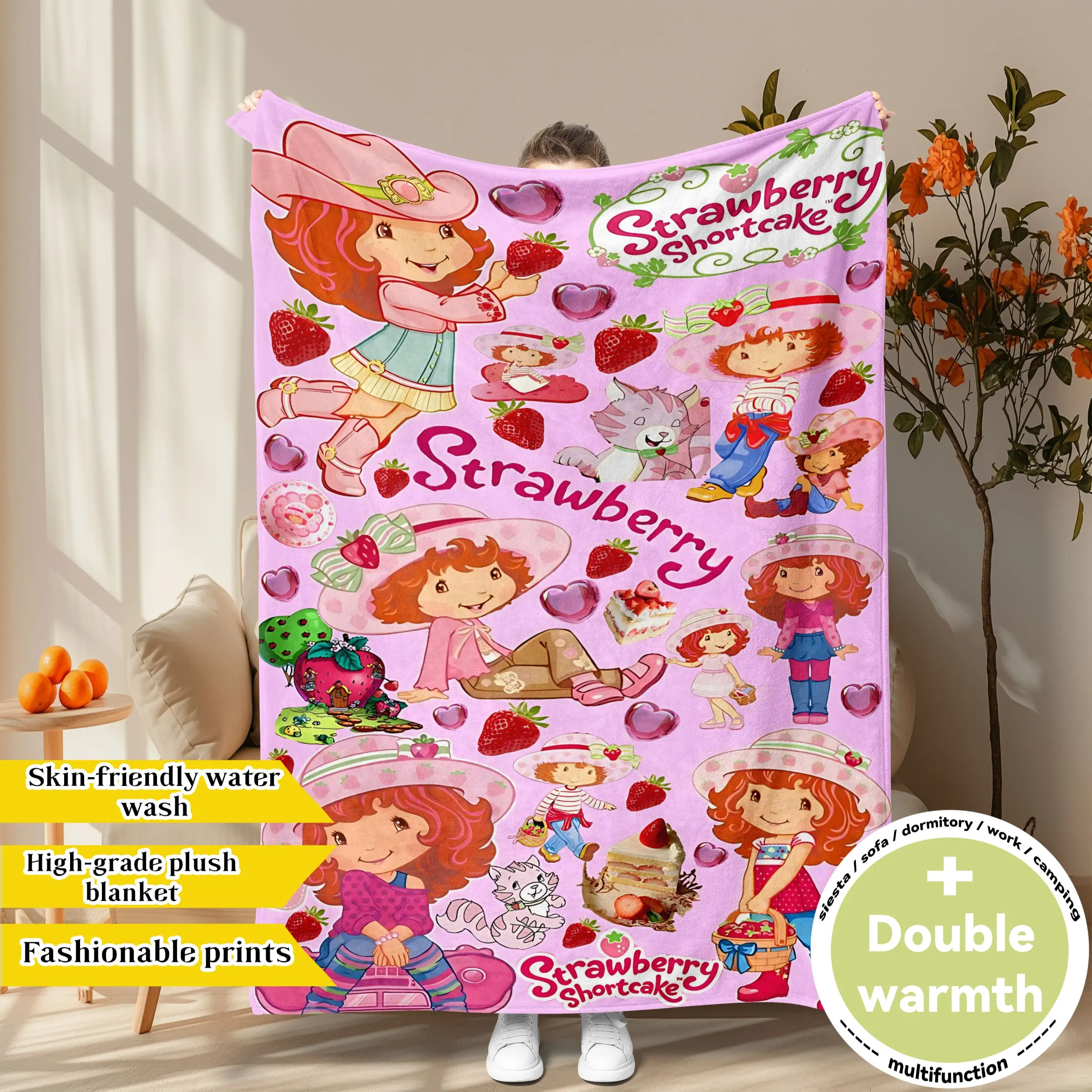 Strawberry Shortcake Vintage Sweet Themed Flannel Throw Blanket (Pastel Pink Design) - Retro Character, Strawberry Motif, Fashionable Prints, Skin-Friendly & Machine Washable, Plush & Double Warmth, Multi-Scene Use, Perfect Gift for Kids & Nostalgic Fans