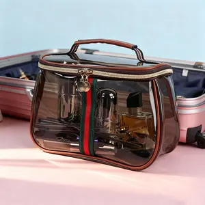 New Retro Vintage Vanity Bag for Women Large Capacity Waterproof Transparent Makeup Organizer Portable Travel Toiletry Skincare Storage Case Brown