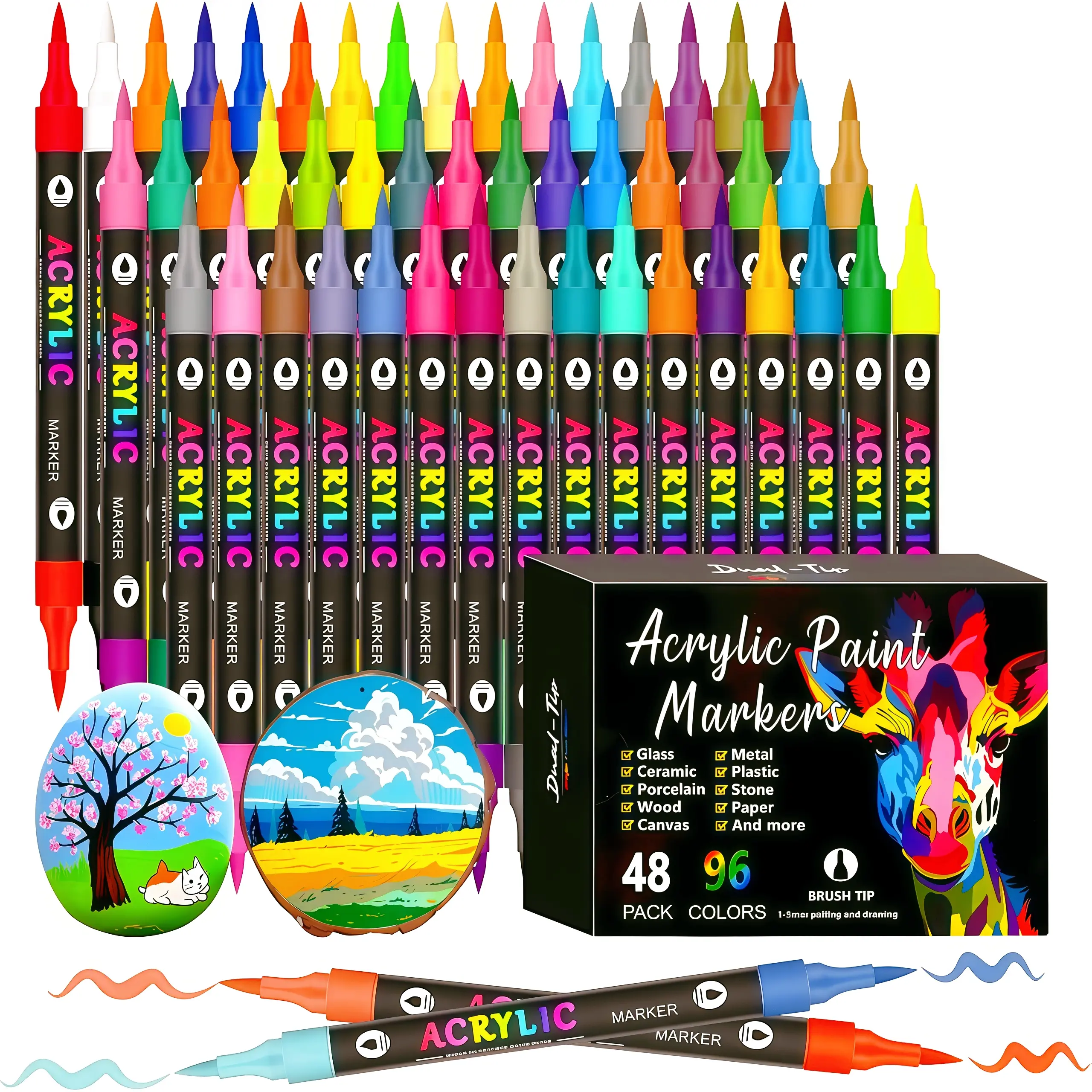 STOP SCROLLING Artists 96 Color Artist Quality Acrylic Paint Markers Set Dual Tip Fine & Brush Pens for Stone Wood Canvas Ceramic Metal Glass Rock Painting Calligraphy DIY Crafts Ultimate Gift summerwins