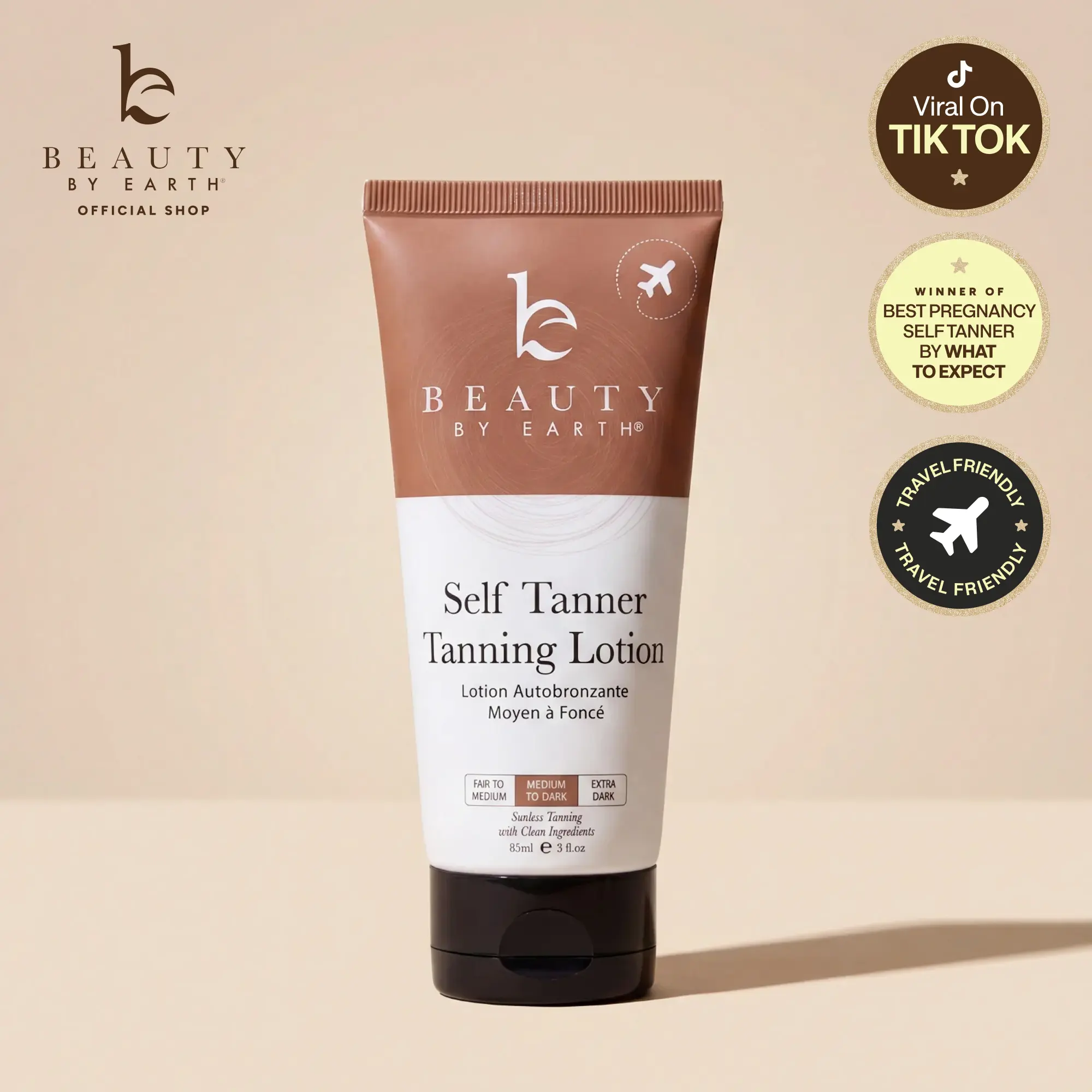 Beauty by Earth Travel-Size 85ml Self Tanner Body Lotion - Hydrating Safe Sunless Tanning TSA Travel Friendly Made in USA Flawless Glowing Natural Gradual Tan
