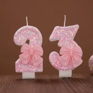 Cute Pink Bow Cake Number Candles Glitter 0-9 Digital Cake Toppers Kids Girls Birthday Party Cucountake Dessert Decoration Favors