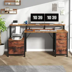 67-Inch Computer Gaming Desk with Monitor Stand, Built-in LED Lights and Power Sockets, Multi-functional Workstation with 5 Drawers and Printer Cabinet