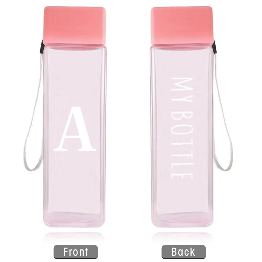 500ml Student Stylish Water Bottle Drinking Cup | White Initial Name (26 Letters) | Transparent Design with Carry Strap | Leakproof Sport Flask | Ideal Back to School for Classes, Dorms & PE, Waterbottle